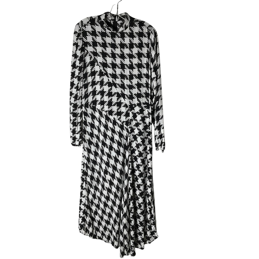 Ann Taylor Houndstooth Dress Mock-Neck Midi Long Sleeve Black‎ White Size 8